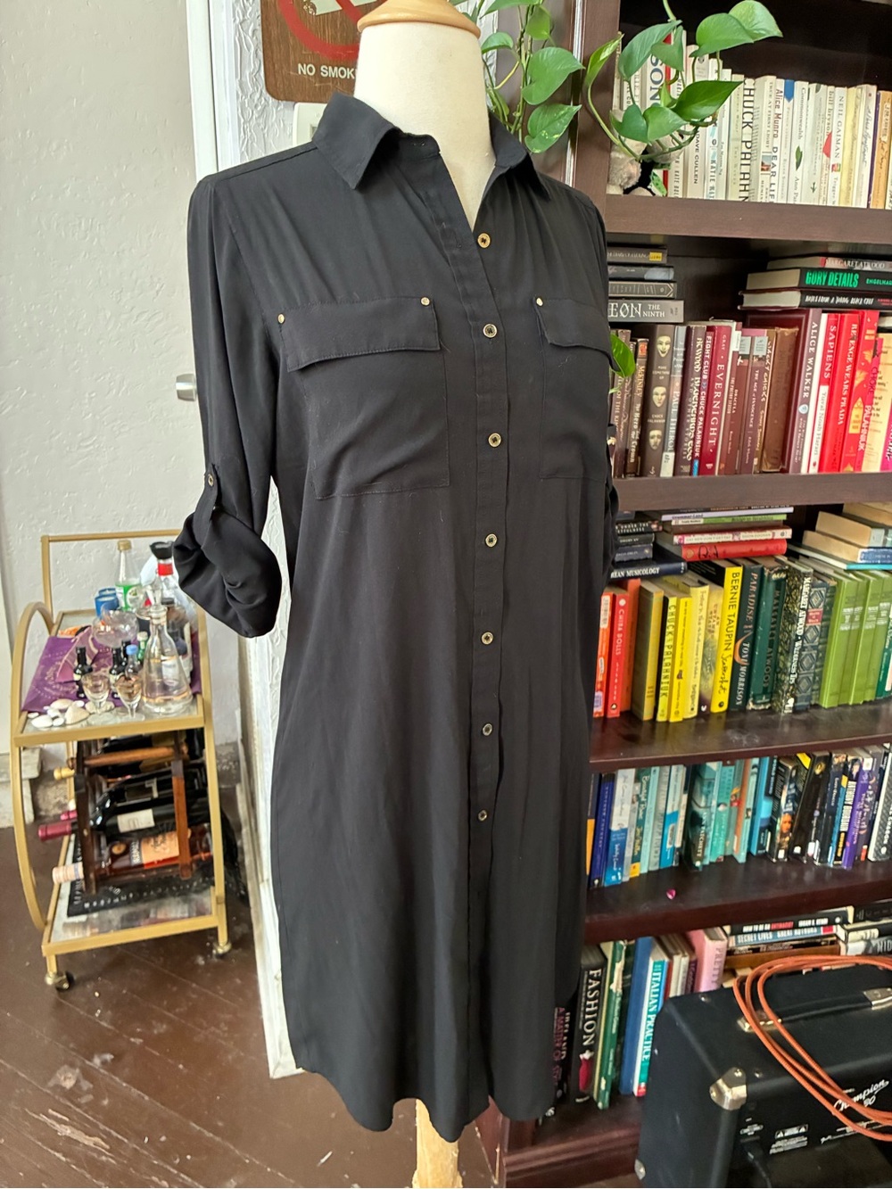Calvin Klein Silky Black Shirt Dress — Classic Collared Button-Down